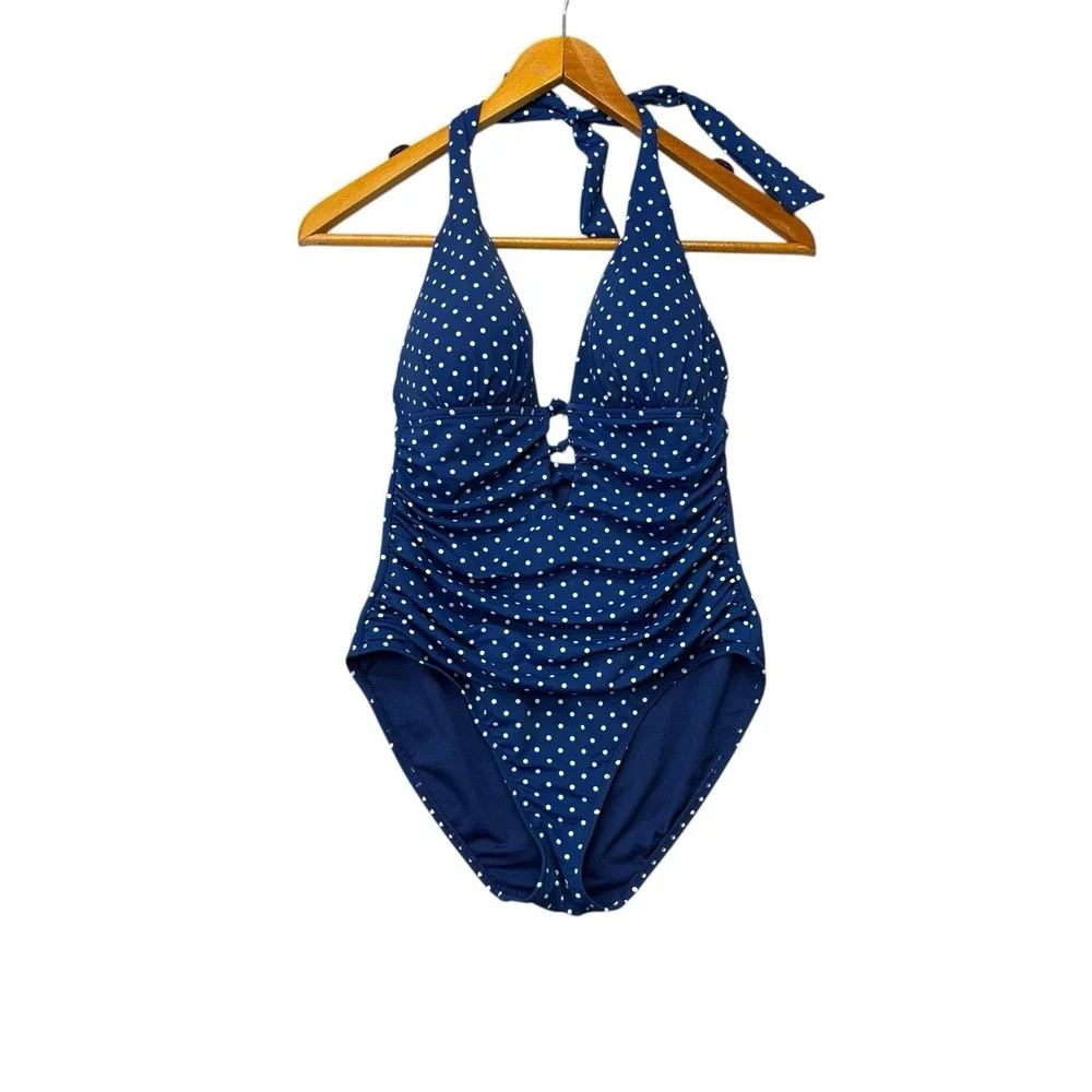 Lauren Ralph Lauren Womens Swimsuit 8 Blue Polka Dot One Piece Halter Ruched